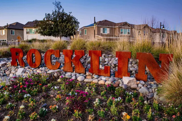 Rocklin city sign surrounded by flowers