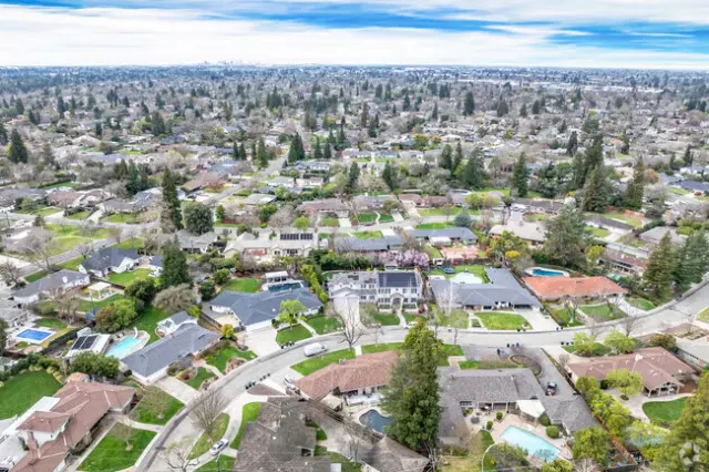 Aerial view of Sacramento neighborhoods and rooftops
