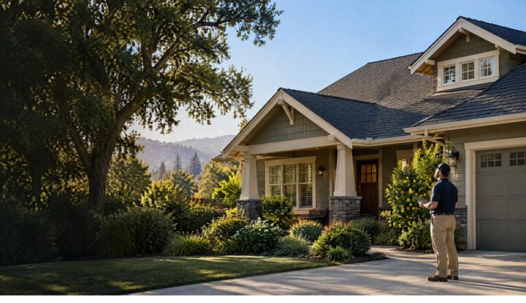 Happy Home Roof Solutions technician inspecting the shingle roof of a Sacramento-area craftsman home