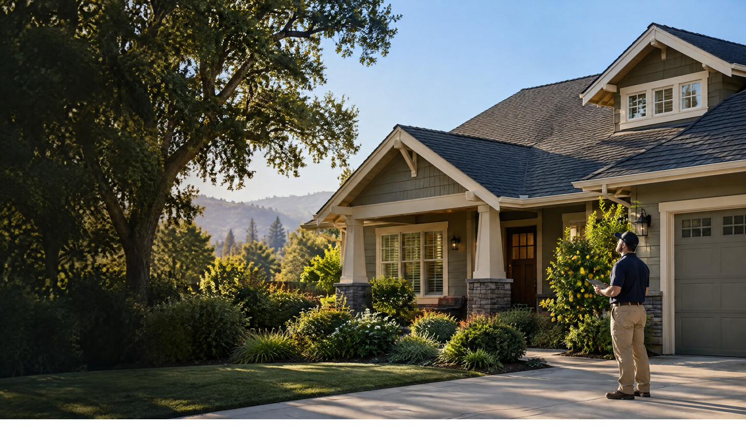 Happy Home Roof Solutions technician inspecting the shingle roof of a Sacramento-area craftsman home