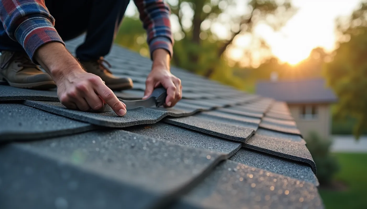 Eye-level view of a homeowner repairing asphalt shingles on a roof