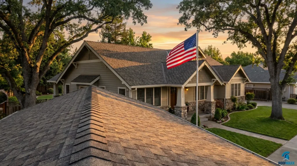Single-story house with stone facade, U.S. flag flying, surrounded by trees at sunset. Roof shingles visible in foreground. Peaceful mood.