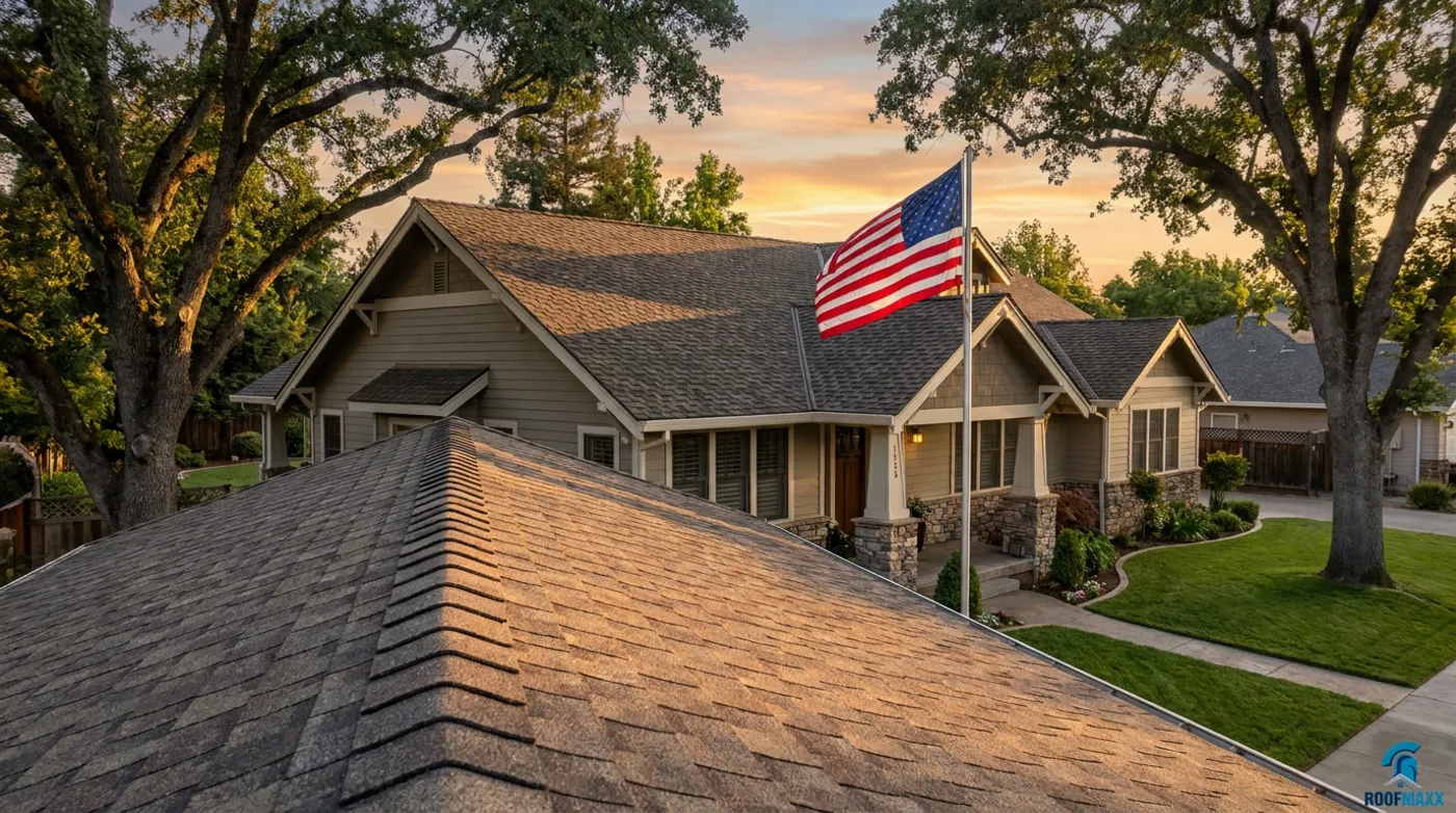 Single-story house with stone facade, U.S. flag flying, surrounded by trees at sunset. Roof shingles visible in foreground. Peaceful mood.