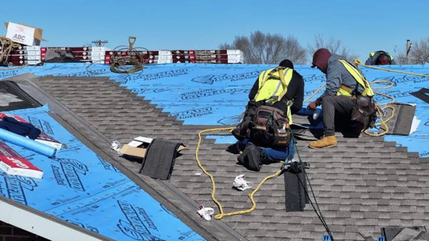 Two roofers in safety harnesses kneel on a house roof, installing shingles over blue underlayment under a clear sky.