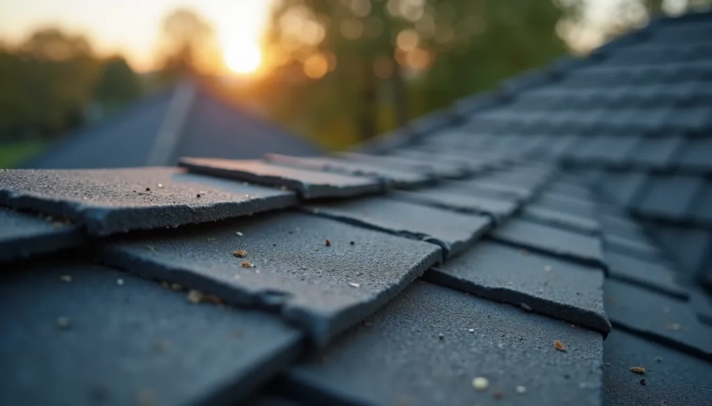 Eye-level view of asphalt roof shingles with minor wear