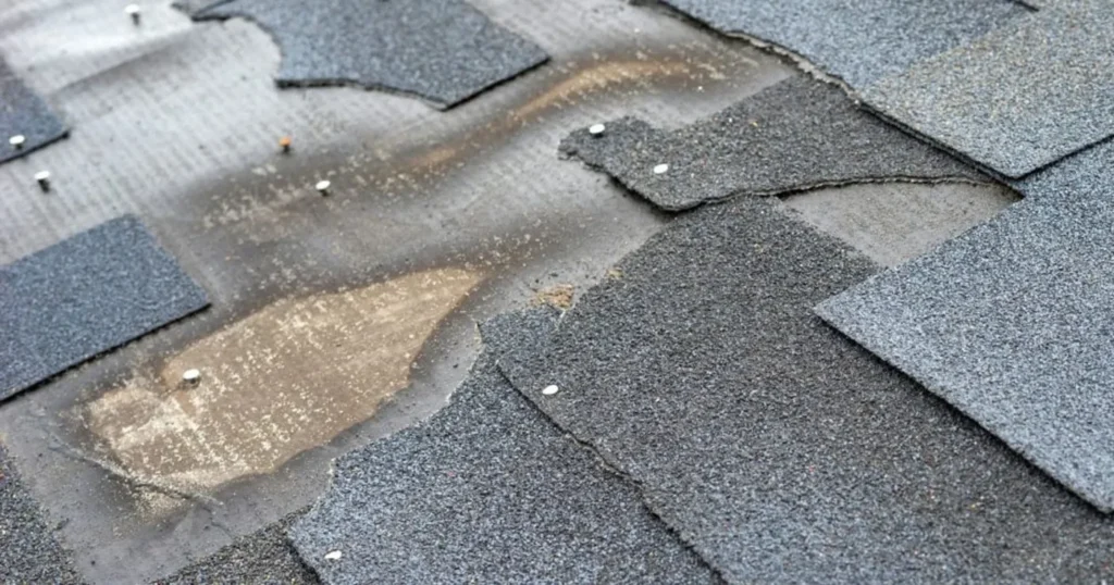 Close-up of damaged asphalt shingles with cracking, granule loss, and exposed underlayment on a Sacramento home roof