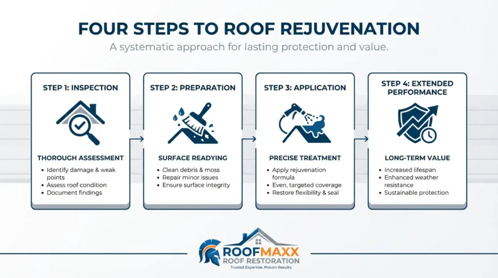 Four-step roof rejuvenation process: inspection, preparation, application, and performance. Includes icons and brief descriptions.