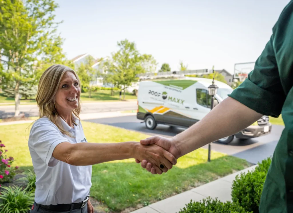 roofmaxx consultant shaking hands with client