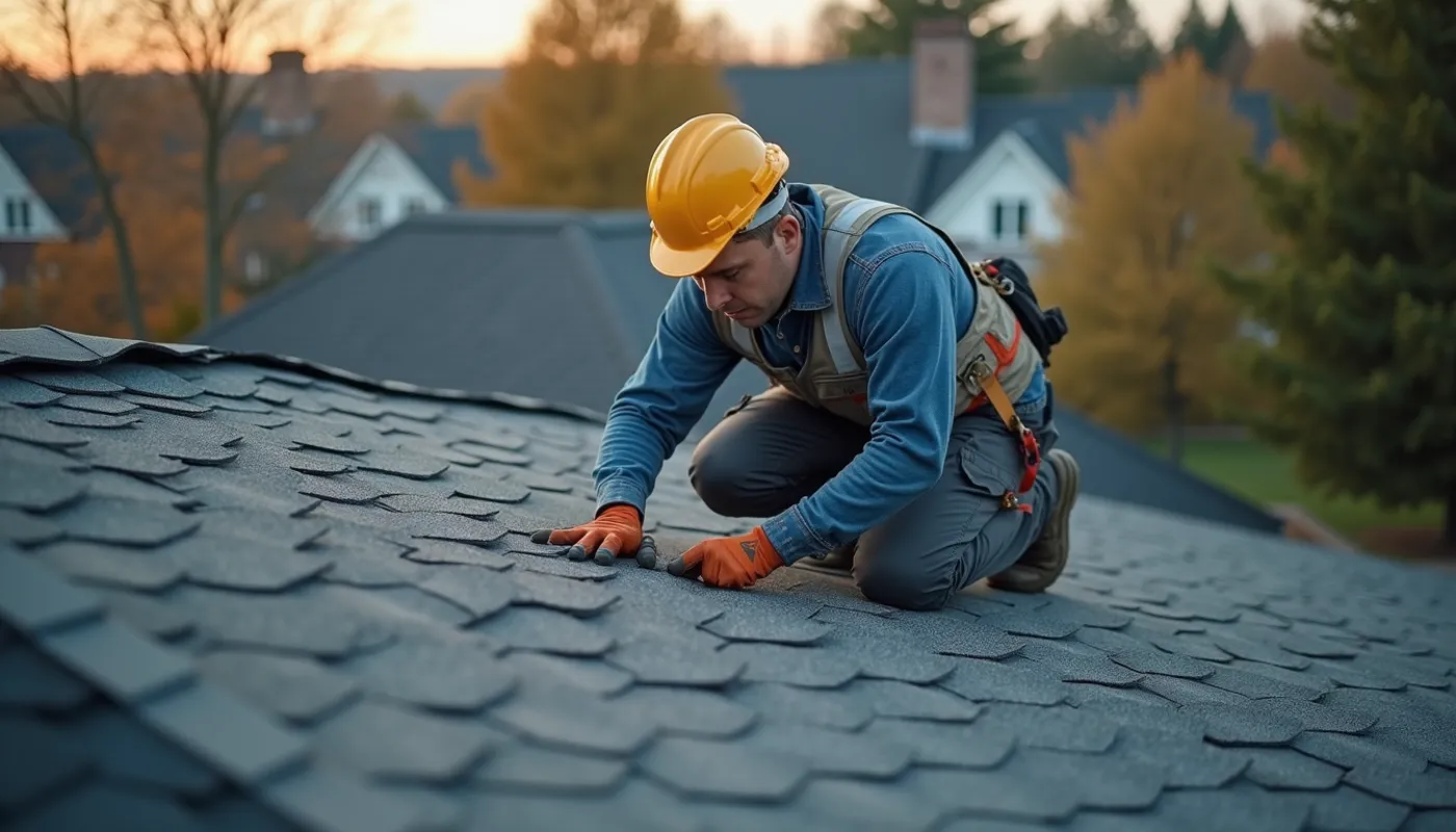 High angle view of roof inspector examining shingles