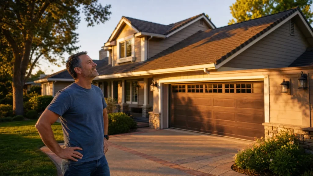 Smiling man stands in a driveway outside a sunlit suburban house and garage at golden hour.