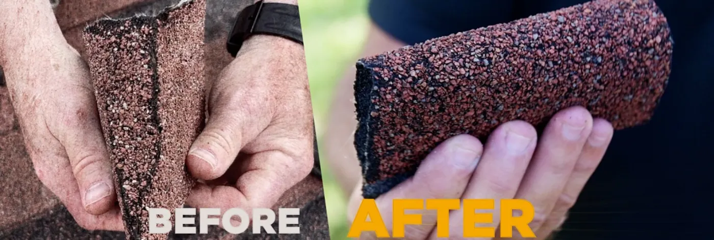 Split-screen of hands holding worn and new roof shingle, labeled BEFORE and AFTER.