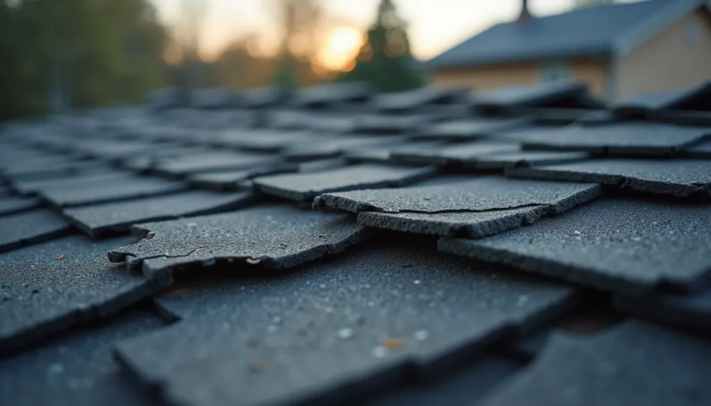 Close-up view of damaged asphalt shingles on a residential roof