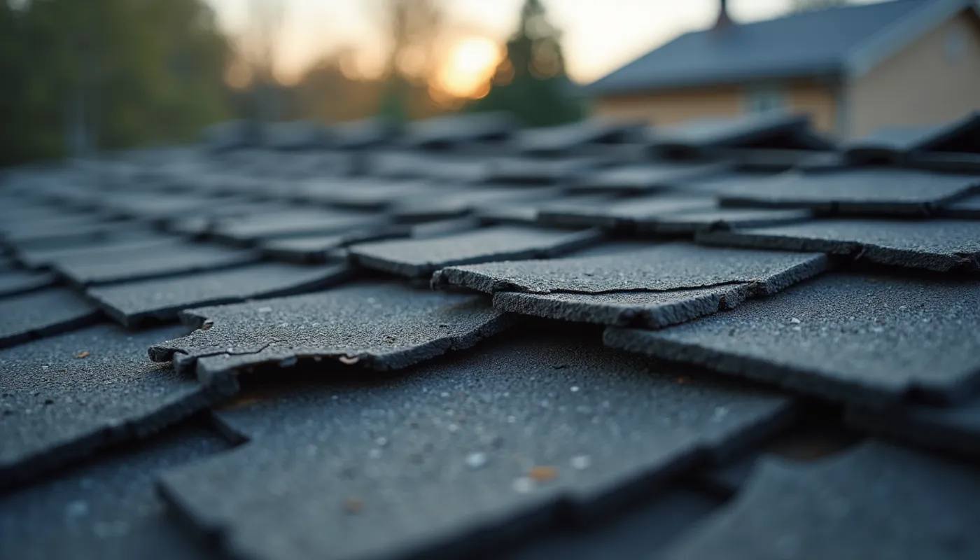 Close-up view of damaged asphalt shingles on a residential roof