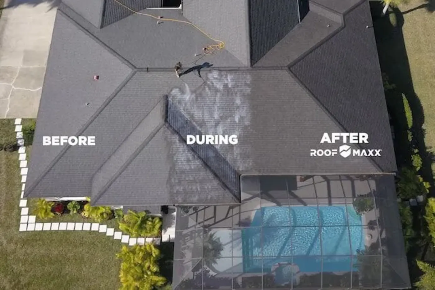 Aerial view of asphalt shingle roof showing before, during, and after Roof Maxx roof rejuvenation treatment on a residential home.