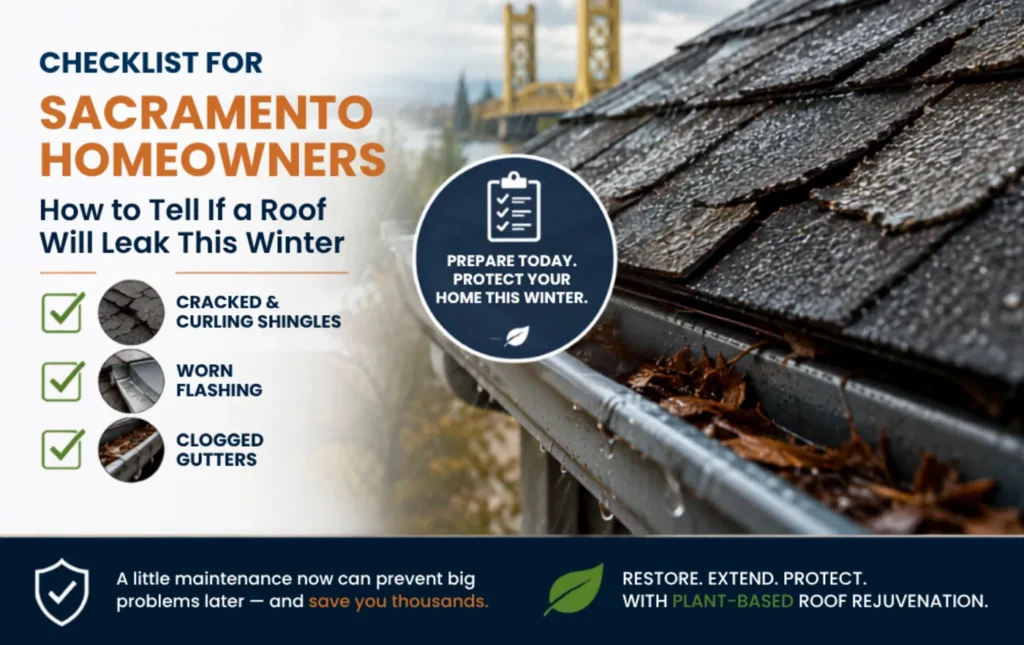 Infographic checklist for Sacramento homeowners showing cracked shingles, worn flashing, and clogged gutters on a wet roof.