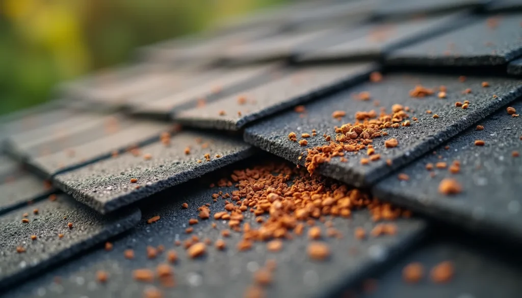 Close-up view of asphalt shingles with granule loss