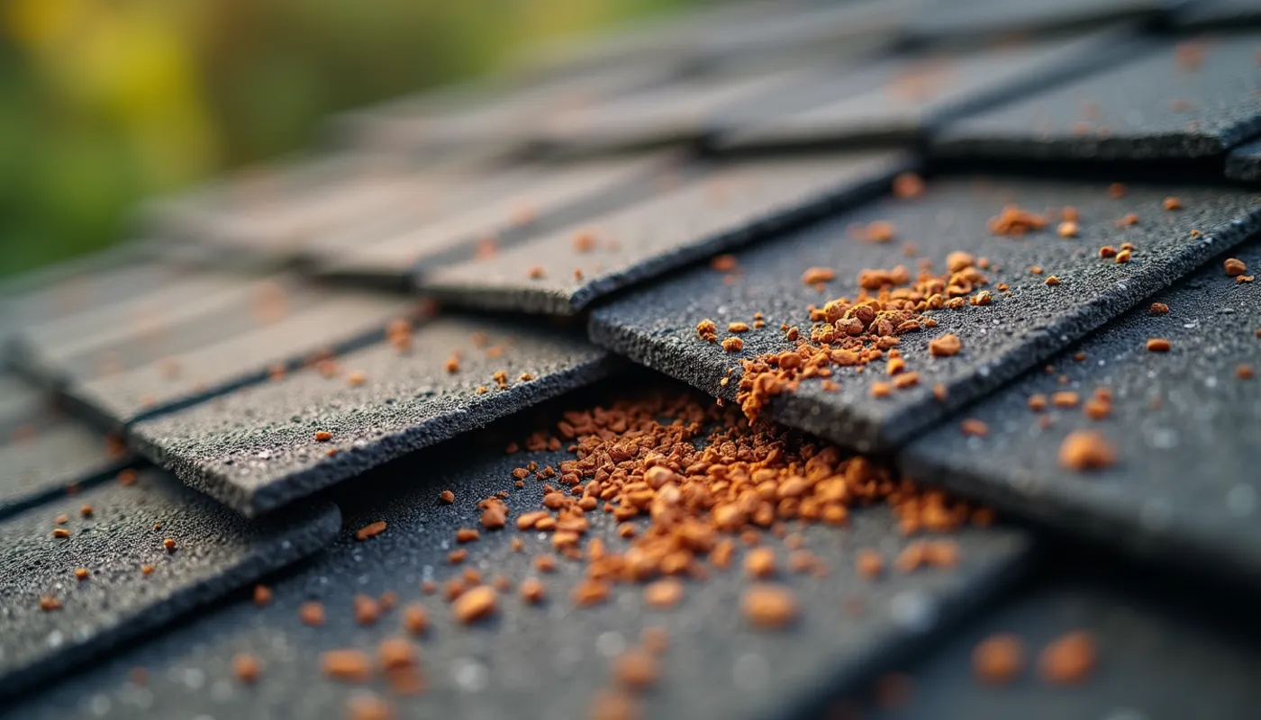 Close-up view of asphalt shingles with granule loss