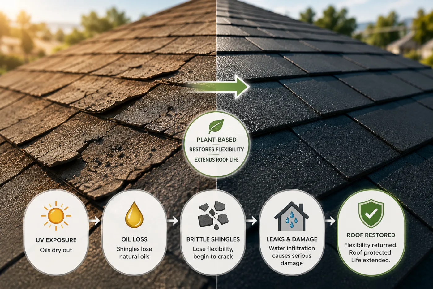Split-view roof shingles before and after treatment, with icons for UV exposure, oil loss, cracks, leaks, and roof restored.