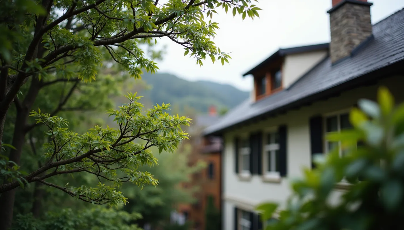 High angle view of trimmed tree branches near a residential roof