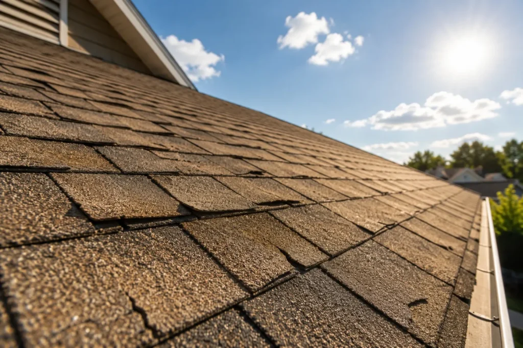 Close-up of weathered brown roof shingles under bright sun, with blue sky, clouds, and distant houses and trees.