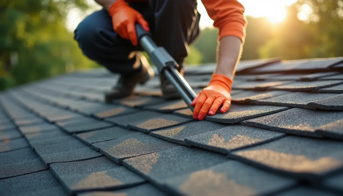 Eye-level view of a roofing professional inspecting an asphalt roof