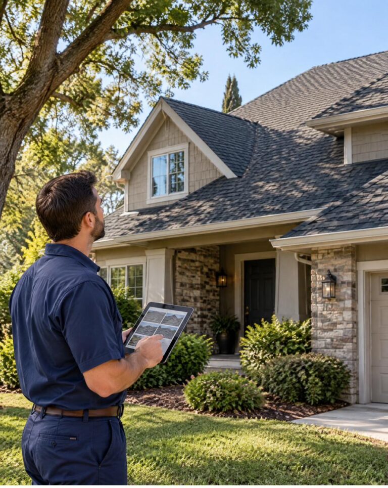 Roofing technician reviewing shingle inspection photos on a tablet in front of a Sacramento home
