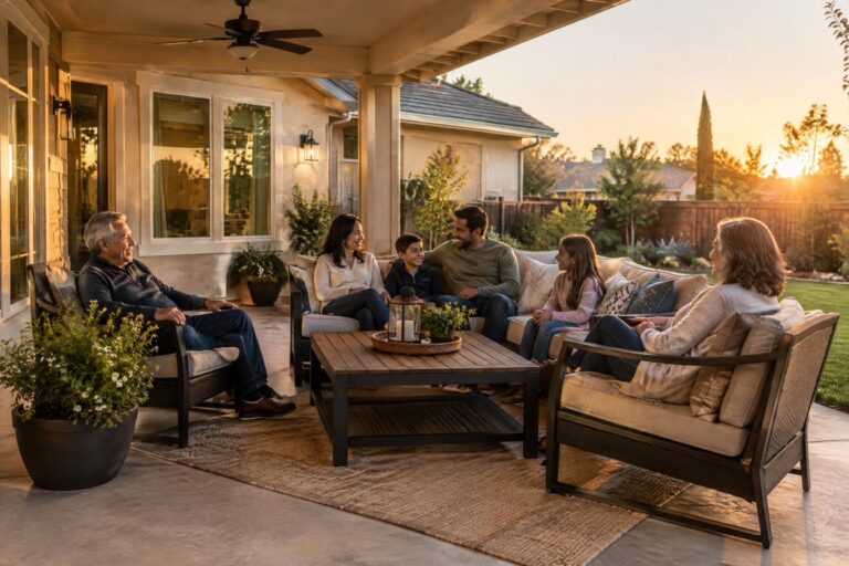 Sacramento family relaxing on a covered patio at sunset under a protected roof